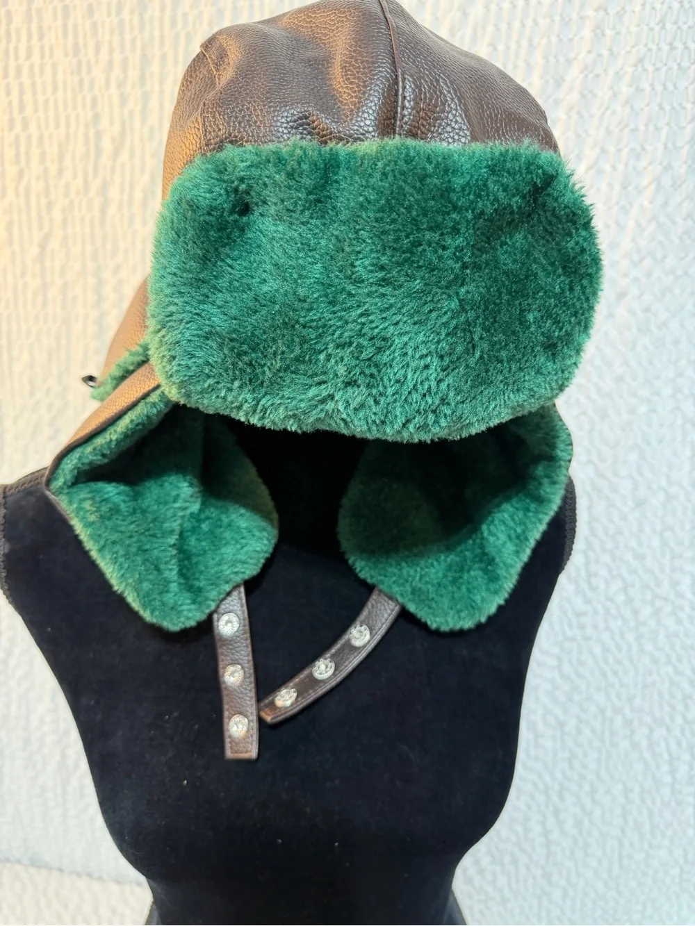 Plush Faux Fur Trapper Hat in Emerald Green with Brown Exterior